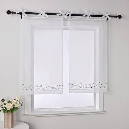 Joyswahl Voile Scheibengardine im Landhausstil »Kamille« Cáfe Gardinen Transparent Kurz Küchengardinen Bistrogardinen Küche Weiß HxB 90x60cm 1 Stück