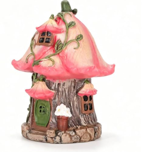 HERCHR Estatua de casita de Hadas de Resina Rosa, Divertidas esculturas de jardín, casita de gnomos para Exterior para Decorar el jardín