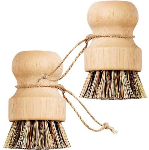Wooden Dish Scrub Brushes 2pcs Hangable Pot Scrubbing Brush, Round Dish Brush, Kitchen Cleaning Scrubbers for Cleaning Pots Pans Plate