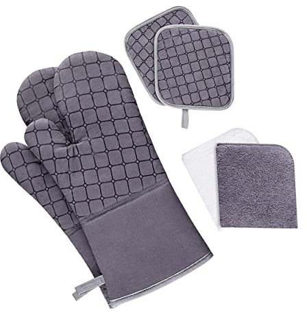 LABRIMP Heat Resistant Oven Mittens and Microwave Gloves Set, Non-slip Silicone Oven Gloves with Insulated Potholders, 6pcs Grey Kitchen Accessory for Baking and Cooking Safety