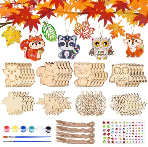 Aragallant 40STK Herbst Basteln fur Kinder, Holz Bastelset Herbst, Mit 4 Stilen Herbst Blätter Deko und Tier Deko, DIY Holz Fensterbilder Basteln für Kinder, Geschenke für Mädchen Jungen Kleinkinder