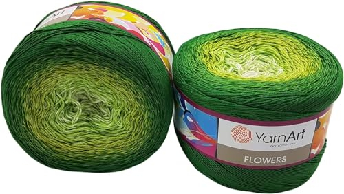 2 x 250g Ilkadim Export Flowers Bobbel Wolle Mehrfarbig, 55% Baumwolle, 500g Bobble Strickwolle mit Farbverlauf (grün kiwi weiss 283)