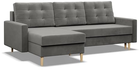 Mebligo - Ecksofa mit Schlaffunktion und Bettkasten Blank, Eckcouch Convertible (Links und Rechts) Sofa L Form 223 x 140 x 92 cm, Couch mit Bonellfedern, Ecke Sofa Wohnzimmer, Schlafsofa - Hellgrau
