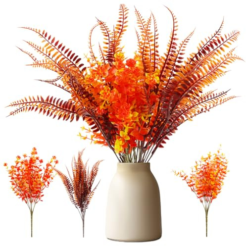 panemy 6 Bündel Künstliche Herbststrauß, Kunstblume Herbst, 2*Eukalyptus-Kamelie+2*Herbstorange Eukalyptus+2*Persergras, Herbstdeko Blumen für Herbstliche Thanksgiving-Garten- und Tischdekoration