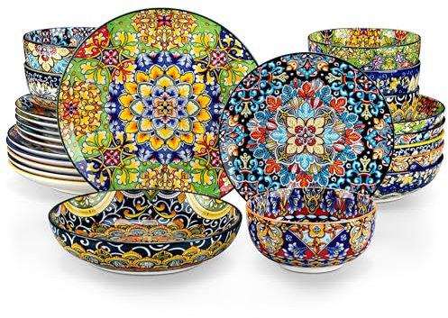 vancasso SIMI Dinner Set- 24 Pieces for 6 People, Porcelain Plates and Bowls Set, Bohemian Style Dinnerware Sets, Scratch Resistant Dinner Service Set, Dishwasher and Microwave Safe