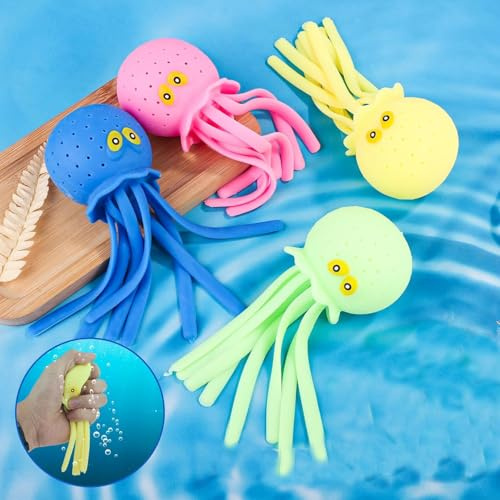 TB® Soft Silicone Octopus Water Balls, Set of 4, Rubber Kids’ Bath Toys, Sensory Stress Relief Pool Toys for Kids, Cute Goodie Bag Fillers for Boys and Girls, Yellow, Pink, Blue and Green
