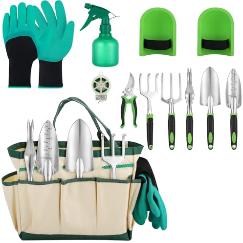 Hoemwarm Juego de herramientas de jardín, 11 piezas de acero inoxidable, suministros de jardinería resistentes con mango verde y negro, regalos para mujeres