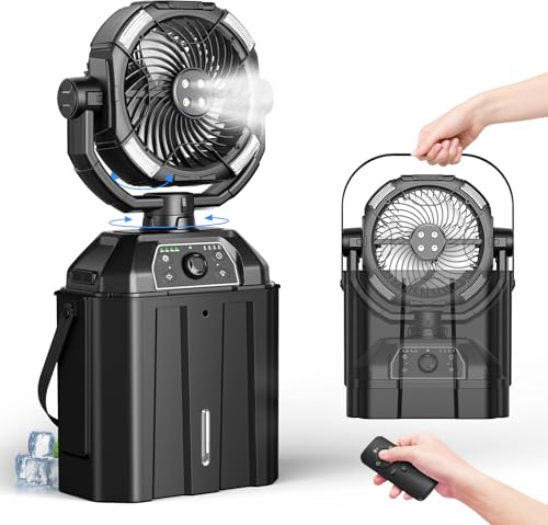 Ventilatore nebulizzatore con secchio da 7 l, ventilatore da campeggio ricaricabile da 25000 mAh, velocità infinitamente variabile, ventole da esterno da 25,4 cm per patio/campeggio, ventola di