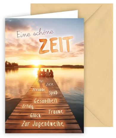 KE - Moderne Karte zur Jugendweihe, Glückwunschkarte, mit Umschlag, sandbraun, Motiv: Sonnenuntergang, Steg, Wasser, Format: B6
