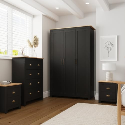 GFW 4 Piece Bedroom Furniture Set with 3 Door Wardrobe, Chest of Drawers & 2 Bedside Tables, Shaker Style Storage Set with Oak Effect Tops