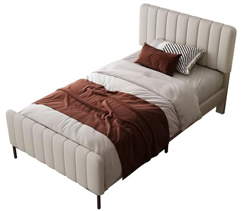 SogesPower 90x200 cm Polsterbett, Einzelbett mit höhenverstellbarem Kopfteil, Modernes Design in Grau-Beige, Inkl. Klettbefestigung & Metallgestell