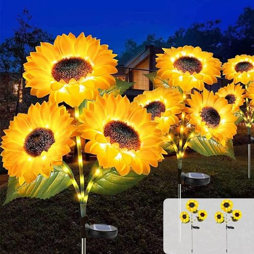 2 Stück Solar Sonnenblume Lichter Außen, Stehend Blumen lichters mit 42 LEDs und 3 Blumen, Wasserdicht Solarleuchten für Garten, Patio, Rasen, Terrasse, Weihnachten Dekorationen