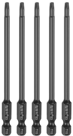 sourcing map 5pcs T15 Sicurezza Torx Testa Cacciavite Bit 1/4 Hex Shank 4 (100mm) Lungo Magnetico Tamper Proof 6 Point Star Screw Driver Drill Bit S3 Acciaio Lucidato A Specchio Strumento Elettrico