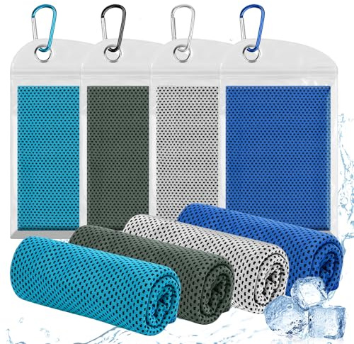 Jognee Lot de 4 serviettes rafraîchissantes en microfibre pour le cou et le visage, serviettes de gym respirantes avec sac étanche et mousqueton, serviettes de transpiration pour la salle de gym, la