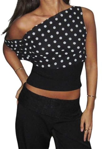 SANSIWU Damen Y2k Polka Dot Off The Shoulder Crop Cute Tops Ärmellos Slash Neck One Shoulder Going Out Slim Tank Tops, A-schwarz, S