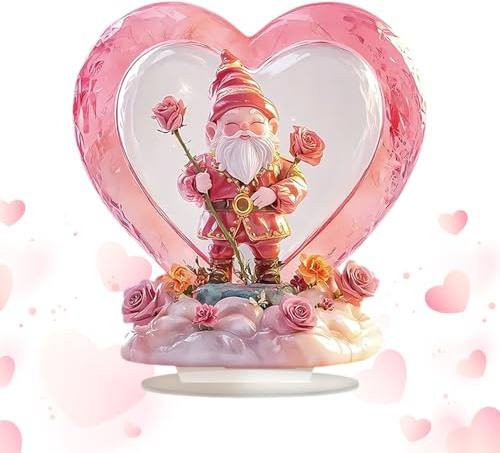 Acrylic Heart Desk Sign - Pink Valentines Ornament, Gnome Figurs Display | Mini Standing Sculpture with Flower Print, Romantic Bedside Decor Piece
