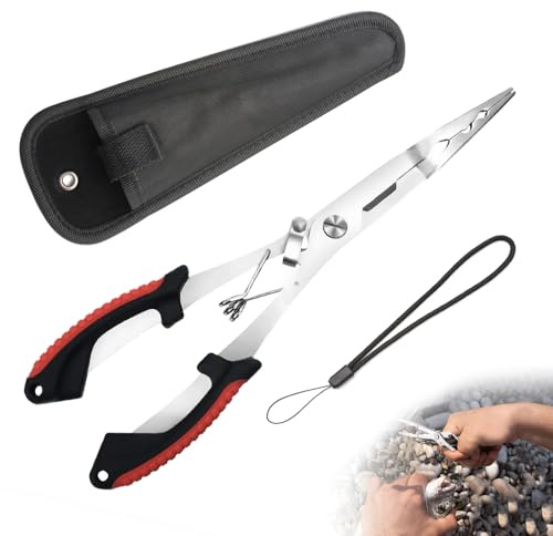 Long Nose Fishing Pliers with Scissors, Lanyard, Stainless Steel Fishing Hook Remover Plier Tool, Needle Nose Pliers Disgorgers/Pike Line Cutter Sea Multi Accessories with Sheath, Gifts for Men