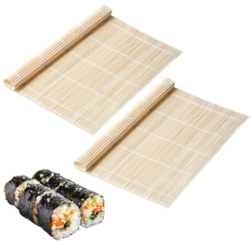 YUVKIN 2 Stück Bambus Sushi Matte – Makisu für Sushi Rollen – Rollmatte ideal für hausgemachtes Sushi oder anderes (23x23cm) (Bambus)