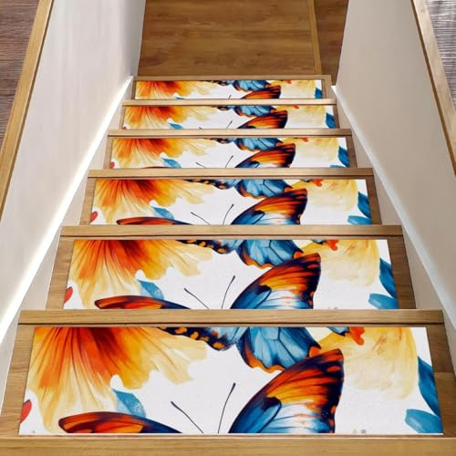 Luoweisi Tappetini per scale in legno, motivo floreale, farfalla, confezione da 15, 76,2 x 20,3 cm, antiscivolo, per interni, per cani, bambini, anziani, con adesivo riutilizzabile