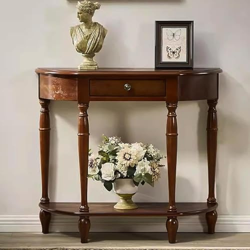 Table console demi-lune avec tiroir – Table d'entrée en bois massif avec étagères ouvertes et petits tiroirs – Table de canapé décorative vintage