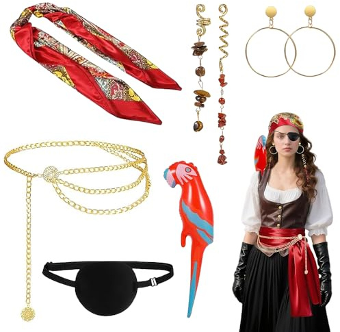 Hojalis 8 Stück Piratenkostüm Damen Zubehör, Mittelalter Piraten Verkleidung Accessories mit Piraten Kopftuch, Augenklappe, Taillenkette,Haaraccessoires,Aufblasbarer Papagei für Karneval Mottopartys