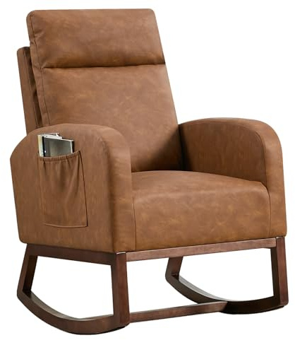 Relax Schaukelstuhl mit hohe rückenlehne & Seitentaschez, Schaukelstuhl wohnzimmer aus Holzbeinen,Relaxstuhl,Leder schaukelsessel mit Armlehne für Wohnzimmer, Schlafzimmer,Büro,90x63.5x105cm(Braun)