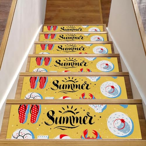 RODAILYCAY Tappeto per scale in legno antiscivolo, motivo spiaggia estiva, 15 pezzi, 20,3 x 76,2 cm, tappeto per scale, per interni, tappetini di sicurezza per bambini, anziani e animali domestici