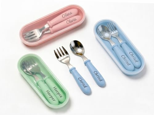 Personalisiertes Esslernbesteck mit Namen, Baby Besteck Set aus Edelstahl Löffel & Gabel für Kleinkinder Geschenk zur Geburt & Taufe (Rosa, Blau, Grün)
