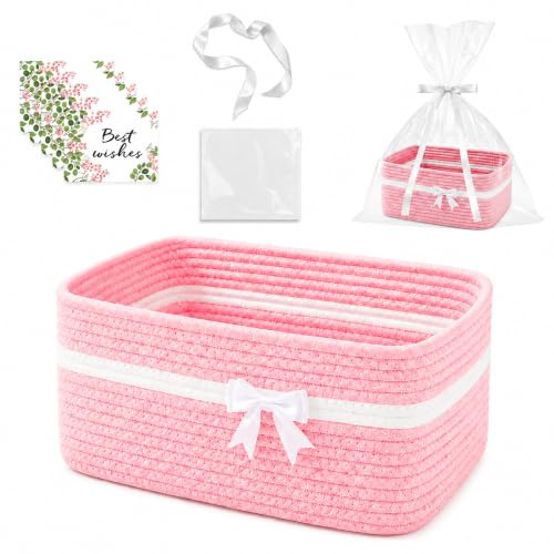 NAVESO Geschenkkorb Leer Groß, Präsentkorb Leer aus Baumwolle mit Griffen, 34x25x15 cm Korb für Geschenke mit Geschenktüten und Bändern, Aufbewahrungskorb für Geburtstag, Hochzeit, Babyparty, Rosa