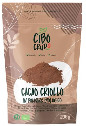 CiboCrudo Cacao in Polvere- 200gr - Cacao Amaro in Polvere, Cacao Powder, Biologico Naturale e Puro al 100%, Fave di Cacao Crudo Criollo, Ricco di Minerali e Vitamine