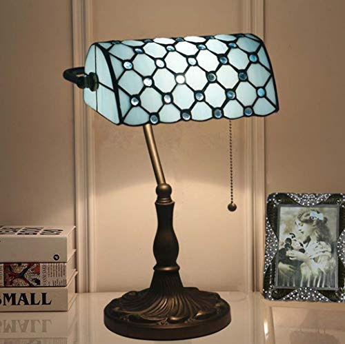 Yjmgrowing Lampe de Table Style banquier Tiffany Lampe de Bureau de Style Antique Éclairage de Nuit Fait à la Main avec Abat-Jour en Verre teinté,Base d'alliage de Zinc,E27,110~240V (27 * 39cm),Bleu