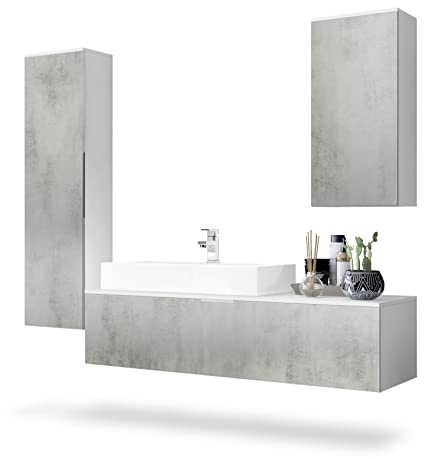 Vladon Badmöbel Komplettset Beach, Made in Germany, Korpus in Weiß matt/Fronten in Beton Oxid Optik, mit Aufsatzwaschbecken und Armatur