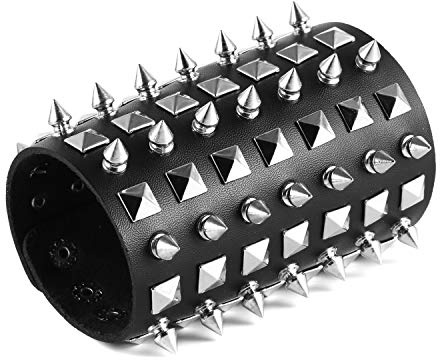 HZMAN Unisex Black Metal Spike Studded Punk Rock Biker Wide Strap Leather Bracelet (Pyramid Studs)