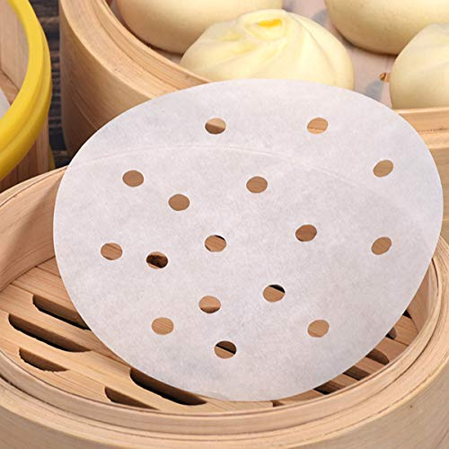 Hothotgirl 250 Stück Dim Sum Papier als Unterlage für Bambusdämpfer, Heißluftfritteuse, Dampfgarer Airfryer Liners, antihaftbeschichtet, rundes Backpapier Perforiertes Bambus Papier 8 Zoll/20.3cm