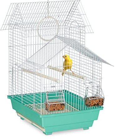 Relaxdays Vogelkäfig, Käfig für kleine Kanarienvögel, Sitzstangen & Futternäpfe, 50 x 42,5 x 33,5 cm, hellblau/mintgrün