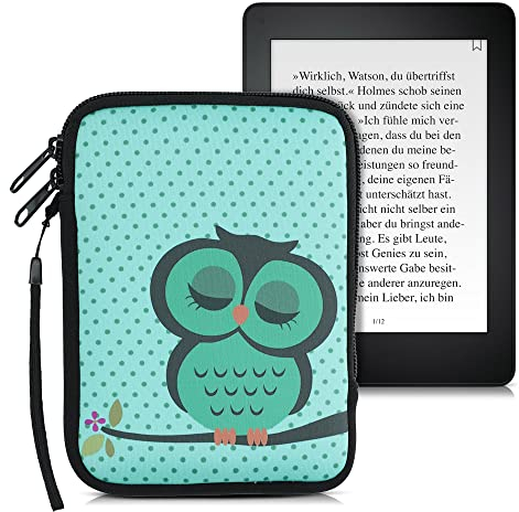 kwmobile Tasche für eReader - Neopren Hülle Schutzhülle Eule Schlaf Türkis Braun Mintgrün - 17 x 12 x 2 cm Innenmaße