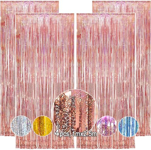 Lametta Vorhang Rosegold mit Glitzerpartikel,OEMG 4Stk 1x2.5m Party Glitzervorhang Lametta Rosegold,Foto Hintergrund Party Vorhänge,Glitzer Vorhang für Geburtstag Mädchen, JGA Deko, Bride to Be Deko