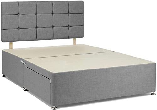 Divan Bed Frame Grey Chenille Fabric | Divan Bed Base With Headboard and Drawers on Same Side | 4FT6 Double bed Frame-2 Drawers (135cm X 190cm),Gray