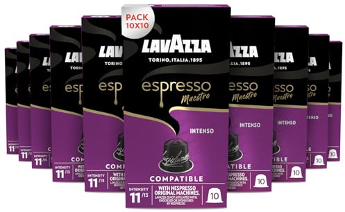 Lavazza, Espresso Maestro Intenso, 100 Capsules Café Compatibles avec les Machines Nespresso Original, Notes de Bois, Épices et Cacao, Arabica et Robusta, Intensité 11/13, Torréfaction Moyenne