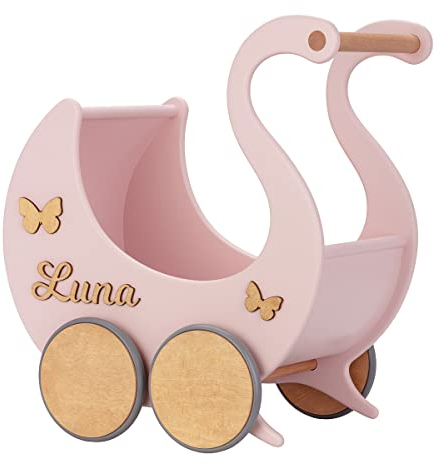 Puppenwagen ab 1 Jahr - Individuell mit Namen - Handgefertigter Puppenwagen - Holzpuppenwagen - Sicher Abgerundete Kanten - Ausdrucksstarke und Schöne Farben (Puderrosa)