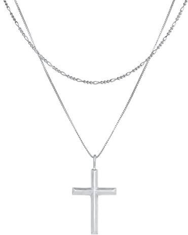 Kuzzoi Herren Silber-Halskette im Layer Look mit Kreuz Anhänger (30 mm), Halskette für den Mann in 925 Sterling Silber poliert, Layer Kette mit Anhänger im zeitlosen Design, Länge 50 cm