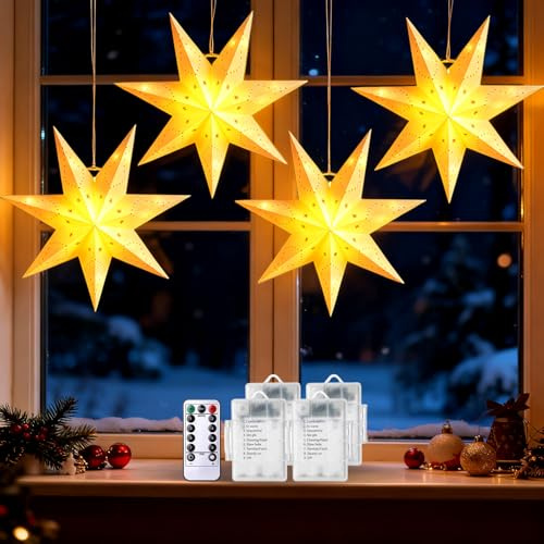 LED Papierstern Beleuchtet zum Aufhängen,4 Stück Weihnachtsstern Beleuchtet,Papier Stern Dekoration,3D Leuchtsterne Weihnachten Fenster,Weihnachtsdeko Fensterdeko Weihnachten Innen Aussen,45 cm