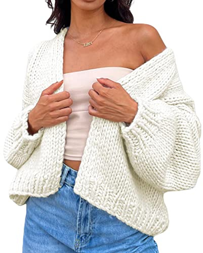 KMBANGI Women Crochet Chunky Sweater Open Front Long Sleeve Cable Knit Cardigan Cute Oversized Jumper Aesthetic Knitwear(White,M)