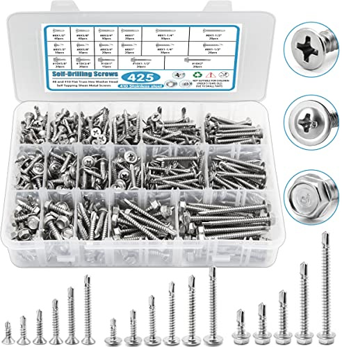 410 Stainless Steel Self Tapping Screws for Metal, #8#10 Self Drilling Assortment Set, 425PCS Truss, Hex & Flat Head Sheet Metal Screws, Length 1/2 to 2
