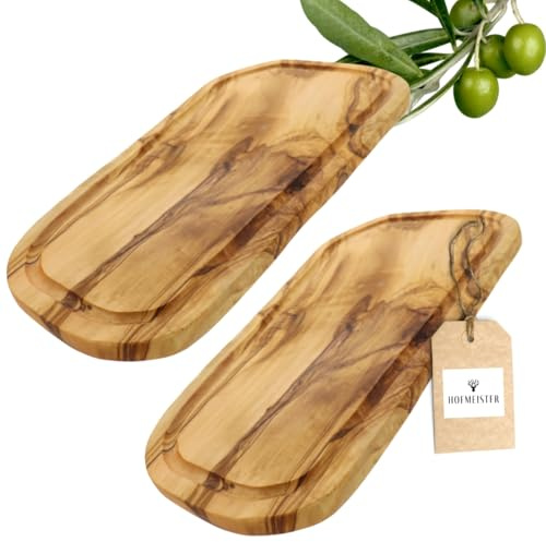 2x HOFMEISTER® Schneidebrett Saftrille Olivenholz - praktisches Set aus zwei Brettern aus Olive mit typischer Maserung, Doppelpack, Naturschnitt, 40 cm Länge