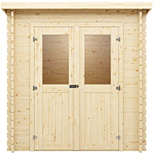 Woodtex Holz Gerätehaus Mini 1 A | Gartenhaus | Wandstärke 28 mm | Naturbelassen | Pultdach | B x T x H: 198 x 118 x 204,4 cm | Inkl. Doppelflügeltür Mit Echtglas | Ohne Fußboden
