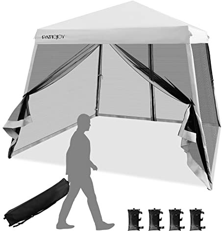 GOPLUS 3x3m Pop Up Gartenpavillon, aus Oxford mit Metallrahmen, höhenverstellbares Partyzelt mit Moskitonetz für Sonnenschutz, Faltbares Pagodenzelt mit Tasche, für Garten Terrasse Park (Weiß)