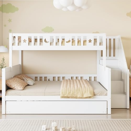 Moimhear Lettino a castello 90 x 200/140 x 200 cm, letto a castello in legno massello con scala di sicurezza, letto a rotelle e rete a doghe