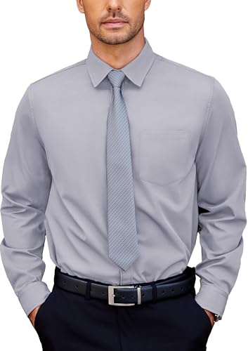 COOFANDY Men's Shirts Long Sleeve Smart Casual Dress Shirts Stretch Regular Fit Non Iron Formal Shirt for Wedding Light Grey L