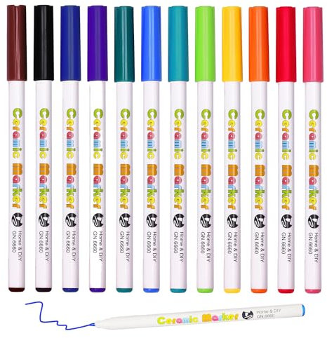 NYGGTYK Lot de 12 crayons en céramique, marqueurs en porcelaine en verre, peinture acrylique, verres colorés lavables au lave-vaisselle